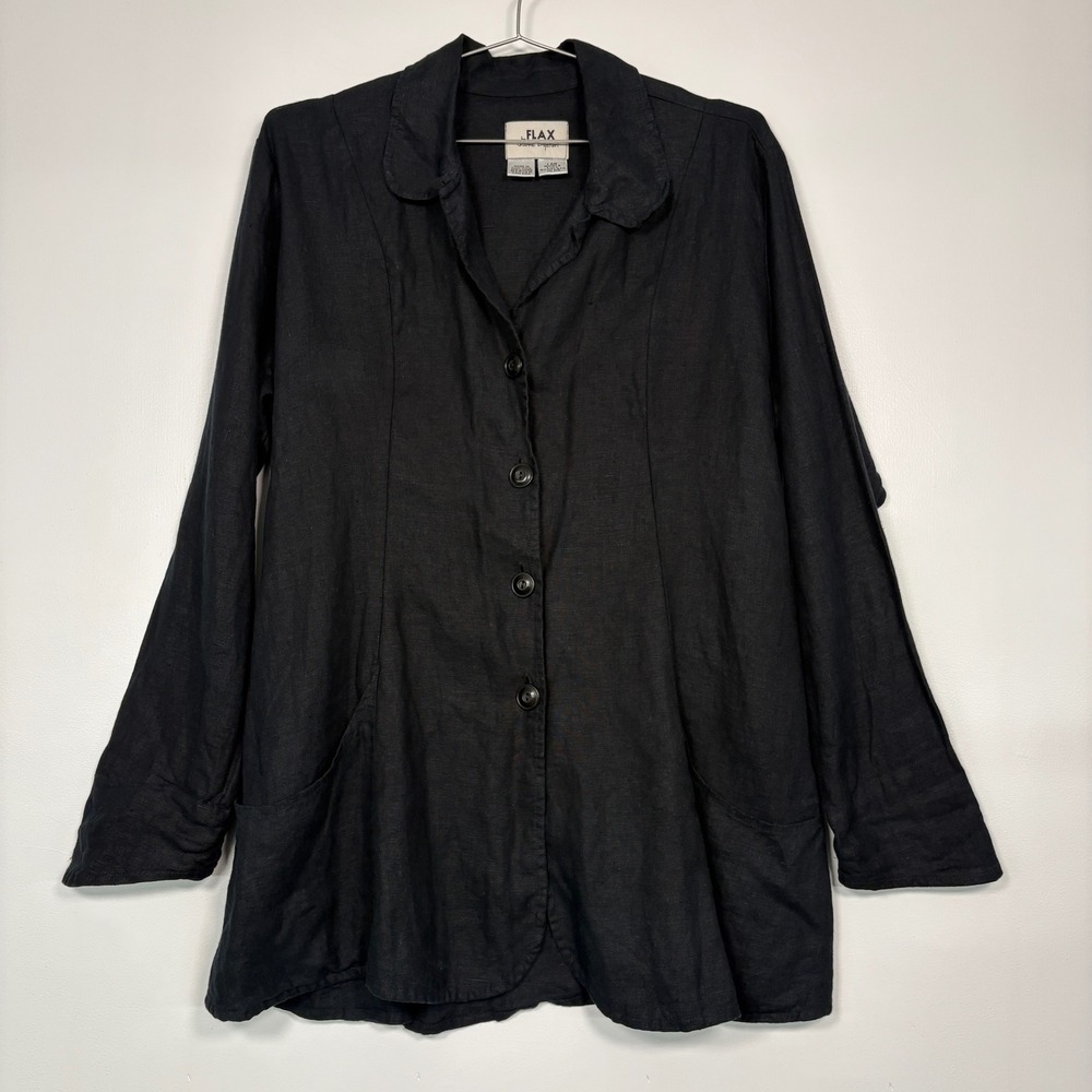 Flax Women Jacket Medium Black 100% Linen Button Up Bow Back Long Sleeve